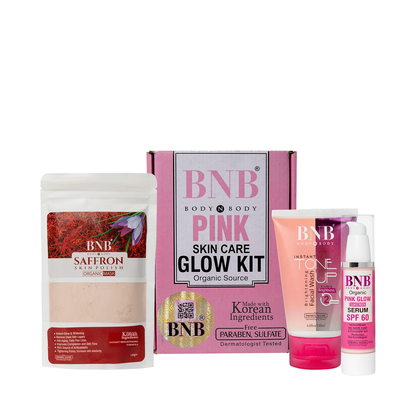 BNB Pink Glow Kit | BNB Tone Up Facewash, Saffron Face Mask, and Pink Glow SPF